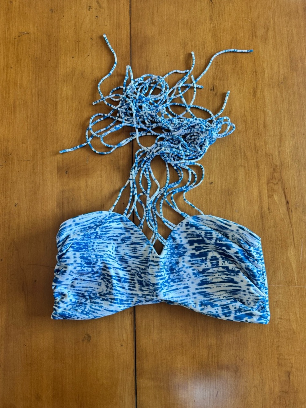 MIKOH Multi-String Halter Bandeau Bikini Swim Top Blue White Ikat Print Size Lar